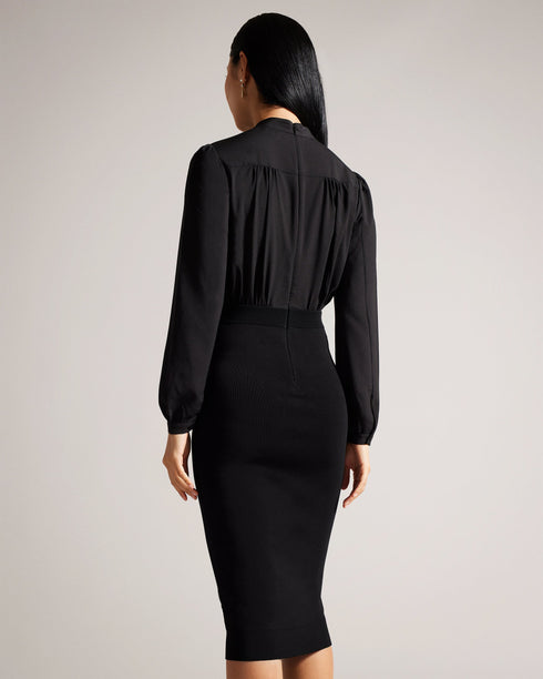 MERSEA-Dresses-Featuring a knitted pencil skirt and a chic shirt bodice, this dress effortlessly blends sophistication and comfort. MERSEA's long sleeves and stand collar add a touch of classic charm, while the button-up front and neck tie create a look that's both versatile and stylish. Midi dress Knitted pencil skirt Shirt bodice Long sleeves Stand collar Button up front Neck tie Length: 118cm- Ted Baker Romania